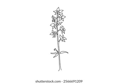 Single continuous line drawing of beauty fresh larkspur for home decor wall art poster. Decorative perennial flower delphinium wedding invitation card. One line draw graphic design vector illustration