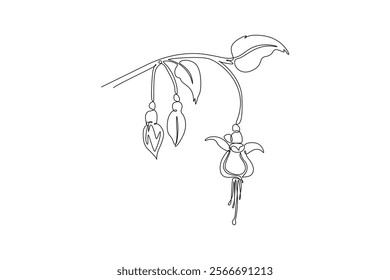 Single continuous line drawing beauty fresh fuchsia for garden logo. Decorative of shrubs flowering plant concept for home decor wall art poster print. One line draw graphic design vector illustration