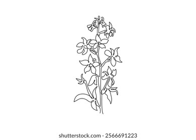 Single continuous line drawing beauty fresh larkspur for home decor wall art print poster. Decorative consolida perennial flower for invitation card. One line draw graphic design vector illustration