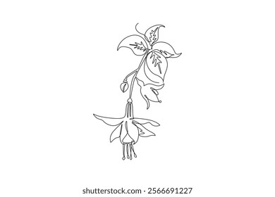 Single continuous line drawing beauty fresh fuchsia for garden logo. Decorative of shrubs flowering plant concept for home decor wall art poster print. One line draw graphic design vector illustration