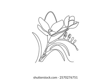 Single continuous line drawing beauty fresh freesia for home wall decor art poster print. Decorative herbaceous flower concept for floral card frame. One line draw graphic design vector illustration