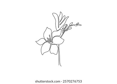 Single continuous line drawing of beauty fresh freesia for home wall decor art poster frame. Decorative herbaceous flower for wedding invitation card. One line draw graphic design vector illustration