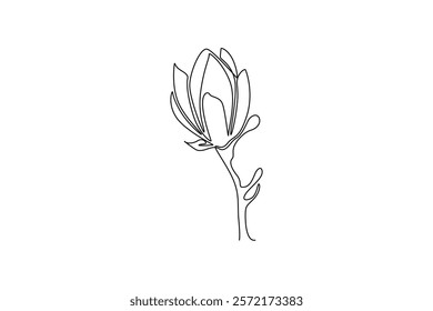 Single continuous line drawing beauty fresh magnoliaceae for home decor wall art poster print. Decorative magnolia flower for invitation card. Dynamic one line draw graphic design vector illustration