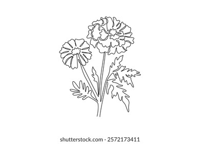 Single continuous line drawing beauty fresh calendula for home decoration wall art poster print. Printable decorative marigold flower concept. Dynamic one line draw graphic design vector illustration