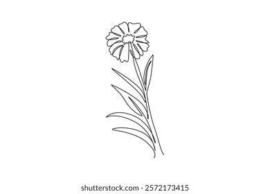 Single continuous line drawing of beauty fresh tagetes erecta for home decor wall art poster. Decorative marigold flower for floral card frame. Dynamic one line draw graphic design vector illustration