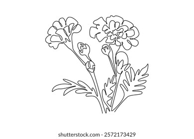 Single continuous line drawing beauty fresh calendula for garden logo. Printable decorative marigold flower concept for home wall decor poster. Dynamic one line draw graphic design vector illustration