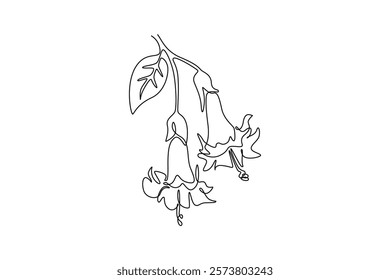 Single continuous line drawing beauty fresh brugmansia for wall decor home art poster print. Decorative angel trumpet flower for greeting card frame. One line draw graphic design vector illustration