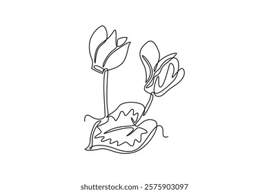 Single continuous line drawing beauty fresh cyclamen sowbread home decor wall art poster print. Decorative swinebread flower for greeting card. Dynamic one line draw graphic design vector illustration