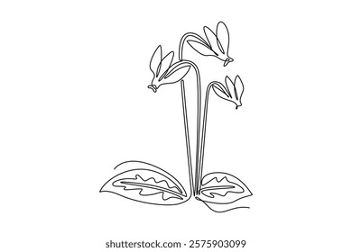 Single continuous line drawing beauty fresh cyclamen sowbread home decor wall art poster print. Decorative swinebread flower concept for greeting card. One line draw graphic design vector illustration