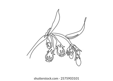 Single continuous line drawing of beauty fresh symphytum garden logo icon template. Decorative comfrey flower concept for floral invitation card frame. One line draw graphic design vector illustration