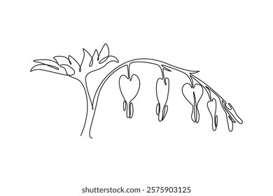 Single continuous line drawing beauty fresh lyre flower for home decor wall art poster. Decorative Asian bleeding-heart for floral card frame. Dynamic one line draw graphic design vector illustration