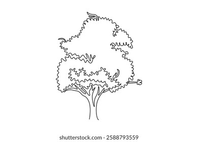 Single continuous line drawing beauty cherry blossom tree for home art wall decor poster. Decorative sakura plant for national park logo. Travel tour. One line draw graphic design vector illustration