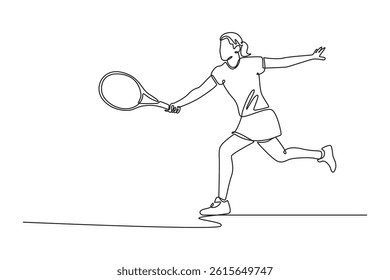 Single continuous line drawing beauty woman tennis playing on court game sport. Girl character hitting ball with racket, exercising, training, workout. One line draw graphic design vector illustration