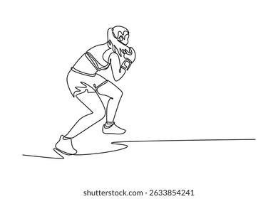 Uma única linha contínua desenhando a beleza feminina boxeadora em roupas esportivas e luvas praticando o soco de esquiva no clube de boxe. Esportes profissionais no ginásio interno. Ilustração de vetor de design gráfico com desenho de uma linha