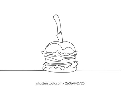 Single continuous line drawing beef burger skewered with knife. Layered meat that makes it even hungrier. Super delicious and filling. National Beef Burger Day. One line design vector illustration