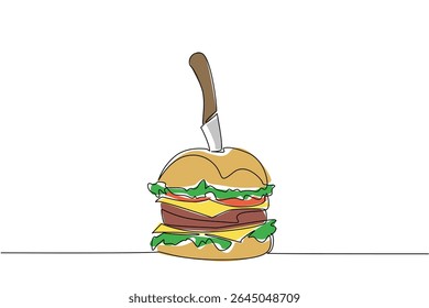 Single continuous line drawing beef burger skewered with knife. Layered meat that makes it even hungrier. Super delicious and filling. National Beef Burger Day. One line design vector illustration