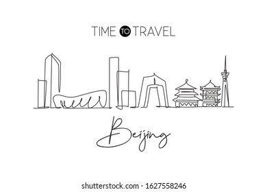 Single continuous line drawing of Beijing city skyline, China. Famous city scraper and landscape. World travel concept home decor wall art poster print. Modern one line draw design vector illustration