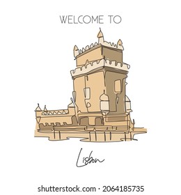 Single continuous line drawing Belem Tower landmark. Famous place in Lisbon, Portugal. World travel home wall decor art poster print campaign concept. Dynamic one line draw design vector illustration