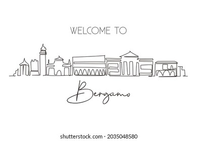 Single continuous line drawing Bergamo city skyline, Italy. Historical town landscape in world. Best holiday destination wall decor. Editable stroke trendy one line draw design vector illustration