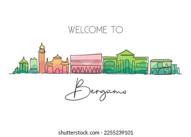 Single continuous line drawing Bergamo city skyline, Italy. Historical town landscape in world. Best holiday destination wall decor. Editable stroke trendy one line draw design vector illustration