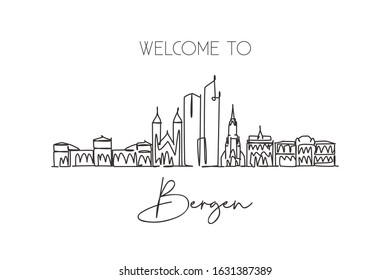 Single continuous line drawing of Bergen city skyline, Norway. Famous city scraper landscape postcard. World travel destination concept. Editable stroke modern one line draw design vector illustration