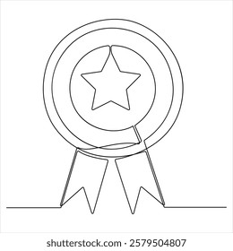 Single continuous line drawing of the best quality award badge with gold star winning medal illustration