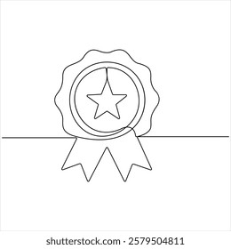 Single continuous line drawing of the best quality award badge with gold star winning medal illustration