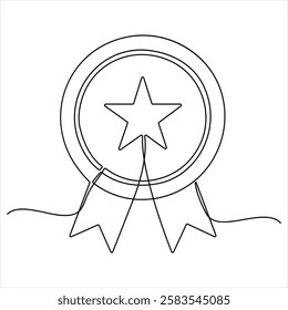 Single continuous line drawing of the best quality award badge with gold star winning medal illustration