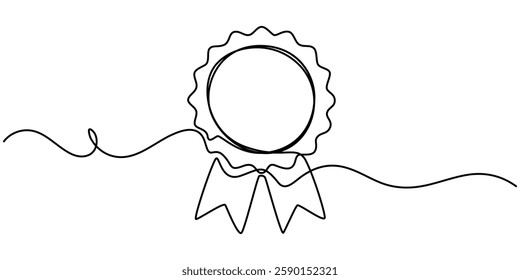 Single continuous line drawing of the best quality award badge with gold star winning medal illustration, Award Ribbon Continuous Line Icon, Medal one continuous line art. Hand drawn doodle drawing.