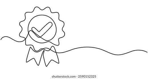 Single continuous line drawing of the best quality award badge with gold star winning medal illustration, Award Ribbon Continuous Line Icon, Medal one continuous line art. Hand drawn doodle drawing.