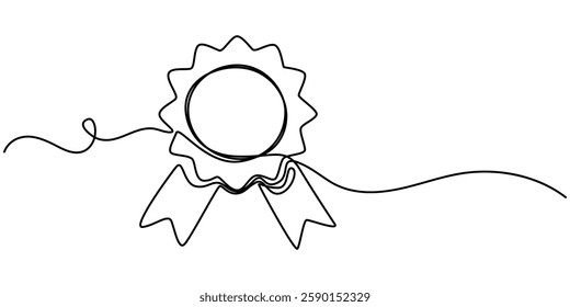 Single continuous line drawing of the best quality award badge with gold star winning medal illustration, Award Ribbon Continuous Line Icon, Medal one continuous line art. Hand drawn doodle drawing.