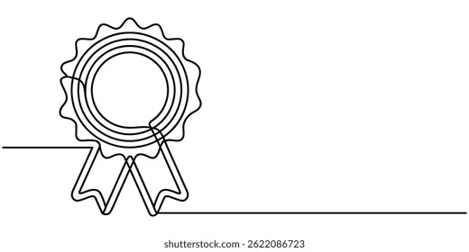 Single continuous line drawing of the best quality award badge with gold star winning medal illustration, Award ribbon badge continuous one line drawing illustration, Award Badge continuous one line