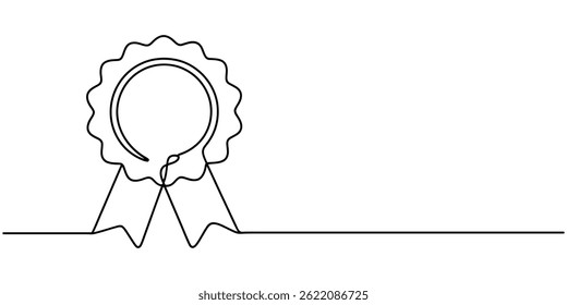 Single continuous line drawing of the best quality award badge with gold star winning medal illustration, Award ribbon badge continuous one line drawing illustration, Award Badge continuous one line