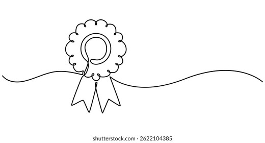 Single continuous line drawing of the best quality award badge with gold star winning medal illustration, Winning badge in one continuous line drawing. Symbol of a winner. Award winning ribbon minimal
