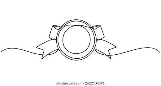 Single continuous line drawing of the best quality award badge with gold star winning medal illustration, Winning badge in one continuous line drawing. Symbol of a winner. Award winning ribbon minimal