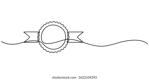 Single continuous line drawing of the best quality award badge with gold star winning medal illustration, Winning badge in one continuous line drawing. Symbol of a winner. Award winning ribbon minimal