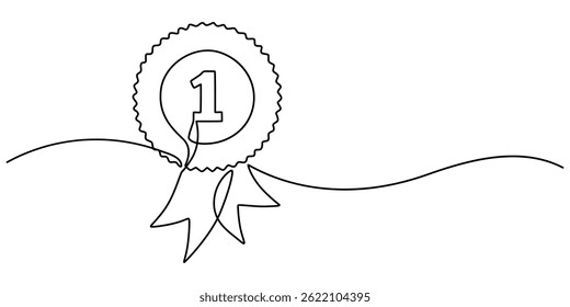 Single continuous line drawing of the best quality award badge with gold star winning medal illustration, Winning badge in one continuous line drawing. Symbol of a winner. Award winning ribbon minimal