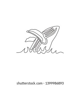 Single continuous line drawing of big whale fish for marine company logo identity. Big fish mammal animal mascot concept for business logotype. Trendy one line draw graphic design vector illustration