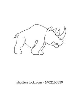 Single continuous line drawing of big African rhinoceros for conservation national park logo identity. Rhino animal mascot concept for national zoo safari. One line draw design vector illustration