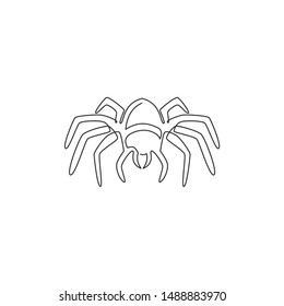 Single continuous line drawing of big wild spider for logo symbol identity. Cute pet animal concept for insect lover icon. Dynamic one line draw design vector graphic illustration