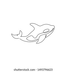 Single continuous line drawing of big adorable orca for company logo identity. Killer whale mascot concept for scuba diving lover icon. Modern one line draw design vector illustration