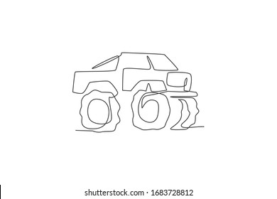 Single continuous line drawing of big monster truck in competition. Contest ride vehicle concept. Trendy one line draw graphic design vector illustration