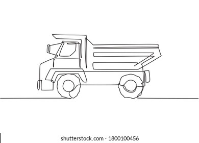 Single continuous line drawing of big dump truck for delivery coal mining. Haul truck, business vehicle. Heavy transport machines equipment concept. Trendy one line draw design vector illustration