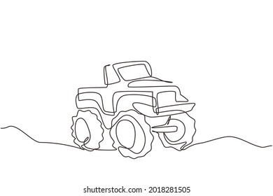 Single continuous line drawing big monster truck. Cartoon funny style. Side view. Extreme automobile. Auto in flat design. Childrens toy monster truck. One line draw graphic design vector illustration