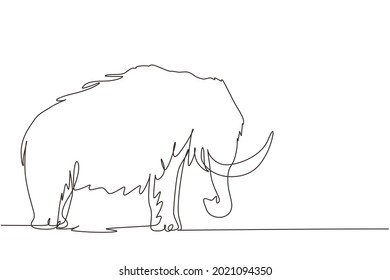 Single continuous line drawing big mammoth business logo identity. Prehistoric animal from ice age. Elephantidae, tusks, elephant species. Dynamic one line draw graphic design vector illustration