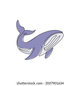 Single continuous line drawing of big whale for marine company logo identity. Big fish mammal animal mascot concept for business logotype. Modern one line draw design illustration vector graphic