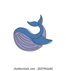 Single continuous line drawing of big whale for marine company logo identity. Big fish mammal animal mascot concept for business logotype. Trendy one line draw design illustration vector graphic