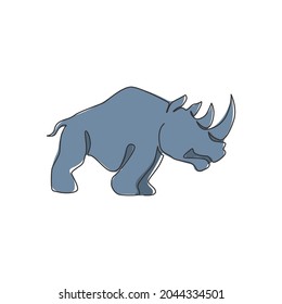 Single continuous line drawing of big African rhinoceros for conservation national park logo identity. Rhino animal mascot concept for national zoo safari. One line draw design vector illustration