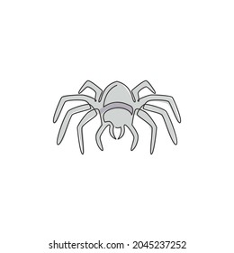 Single continuous line drawing of big wild spider for logo symbol identity. Cute pet animal concept for insect lover icon. Dynamic one line draw design vector graphic illustration