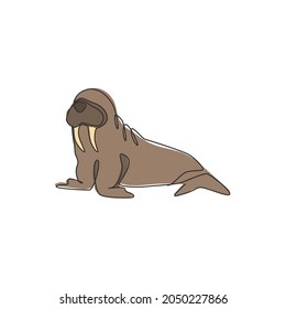 Single continuous line drawing of big cute walrus for logo identity. Arctic regions animal mascot concept for circus show icon. Modern one line draw design vector graphic illustration